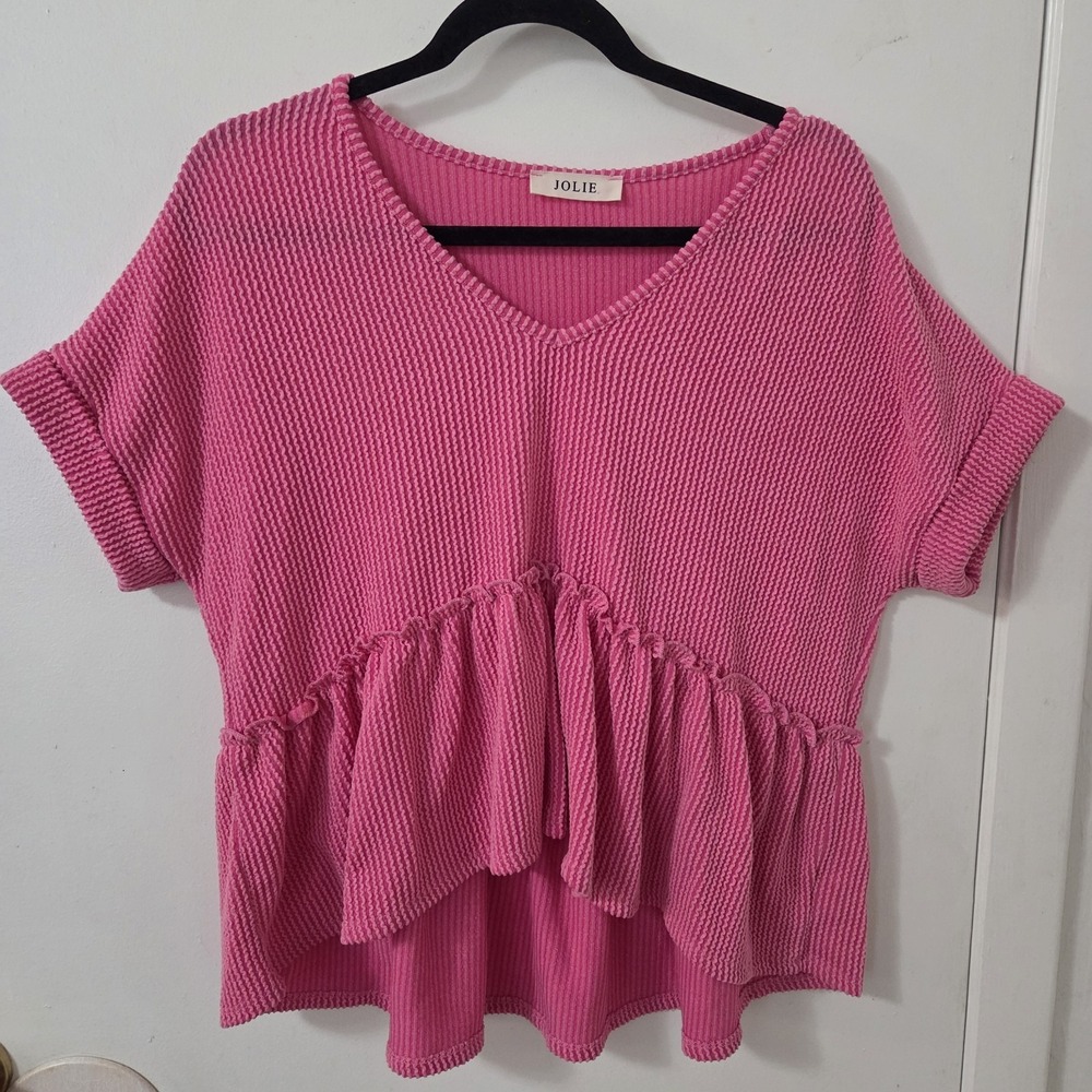 Jolie Pink Ribbed Babydoll Top Ruffle Hem‎ Coquette Soft Girl Stretch Knit Small